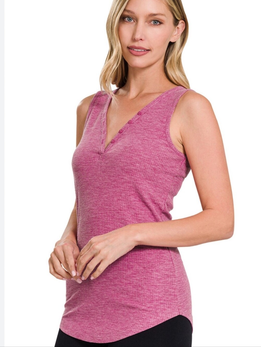 Zenana Outfitters New Heathered Magenta Pink V‑Neck Button Tank Size Small